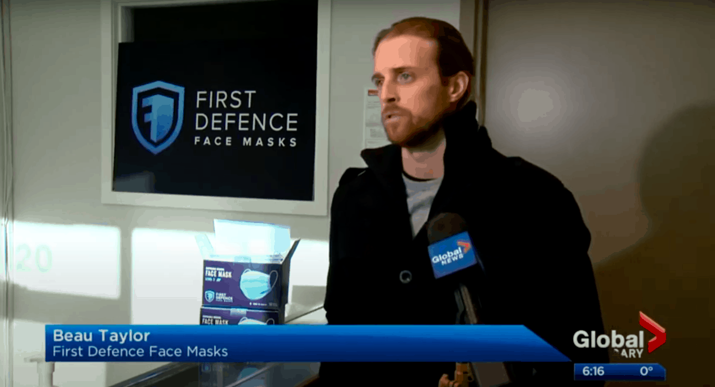 Adam MacVicar from Global News interviews CEO Beau Taylor at the First Defence Calgary facility